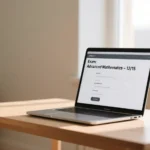 تصویر یک لپ‌تاپ با صفحه آزمون آنلاین در یک محیط آموزشی آرام و مینیمالیستی.