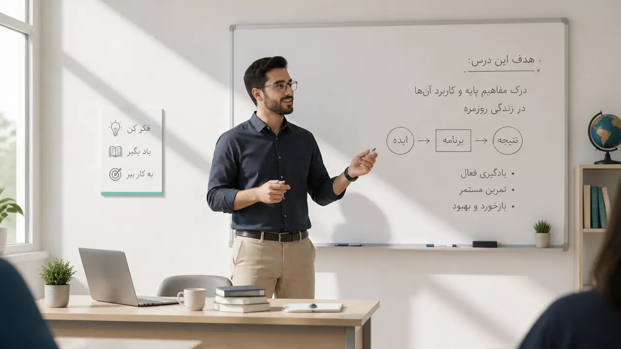 معلم در حال تدریس در کلاس آنلاین با طراحی مینیمالیستی