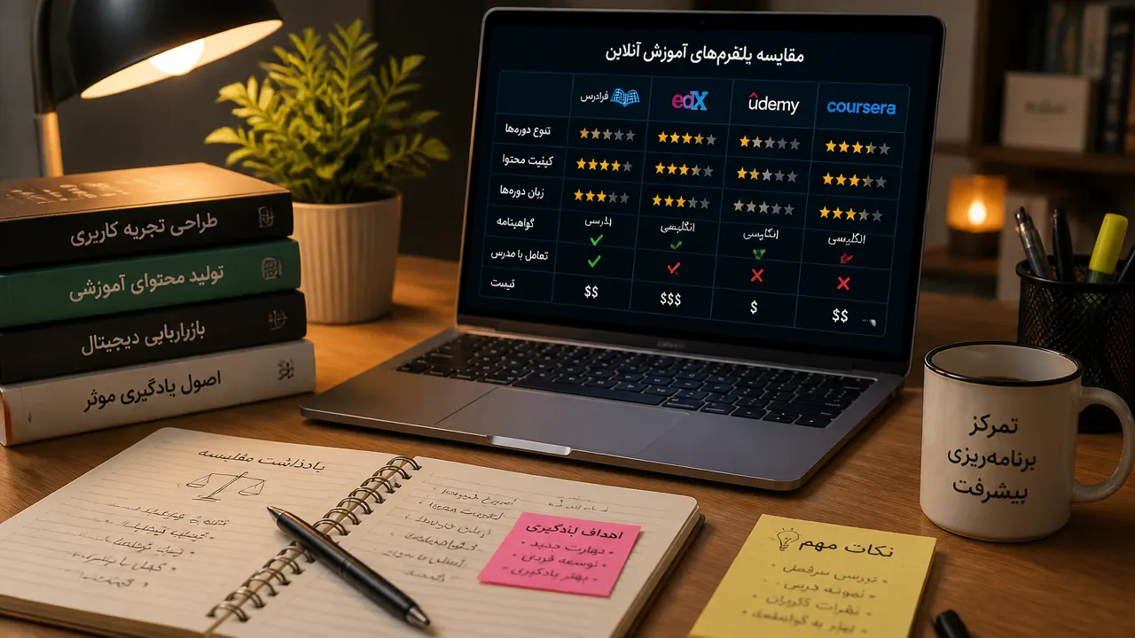 میز کار با لپتاپ و کتب برای مقایسه پلتفرمهای آموزش آنلاین