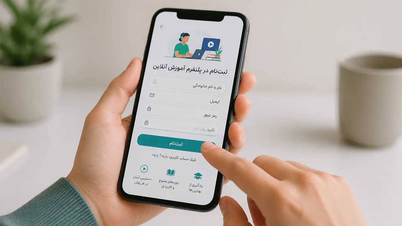 کاربر در حال استفاده از گوشی برای ثبتنام در پلتفرم آموزش آنلاین