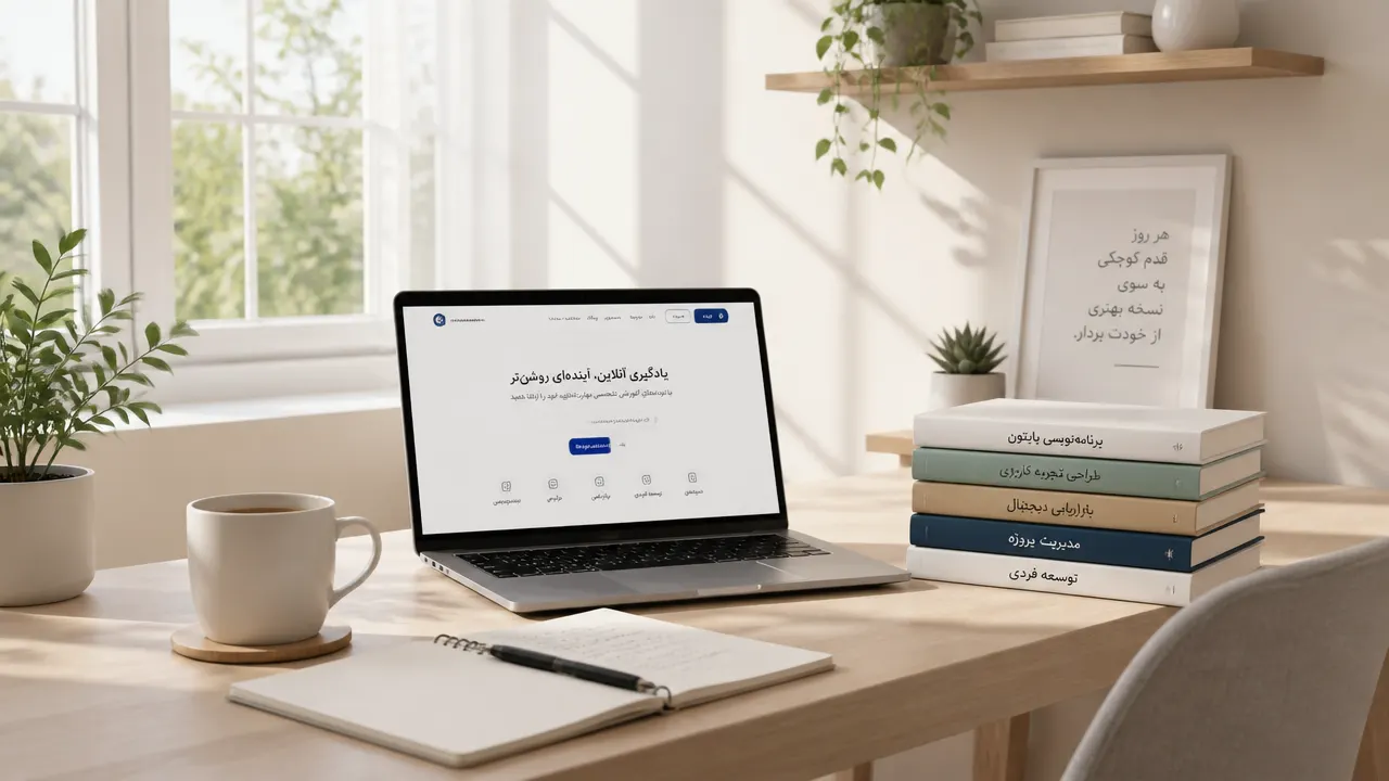 میز کار با لپ‌تاپ و کتاب‌های آموزشی در فضای روشن