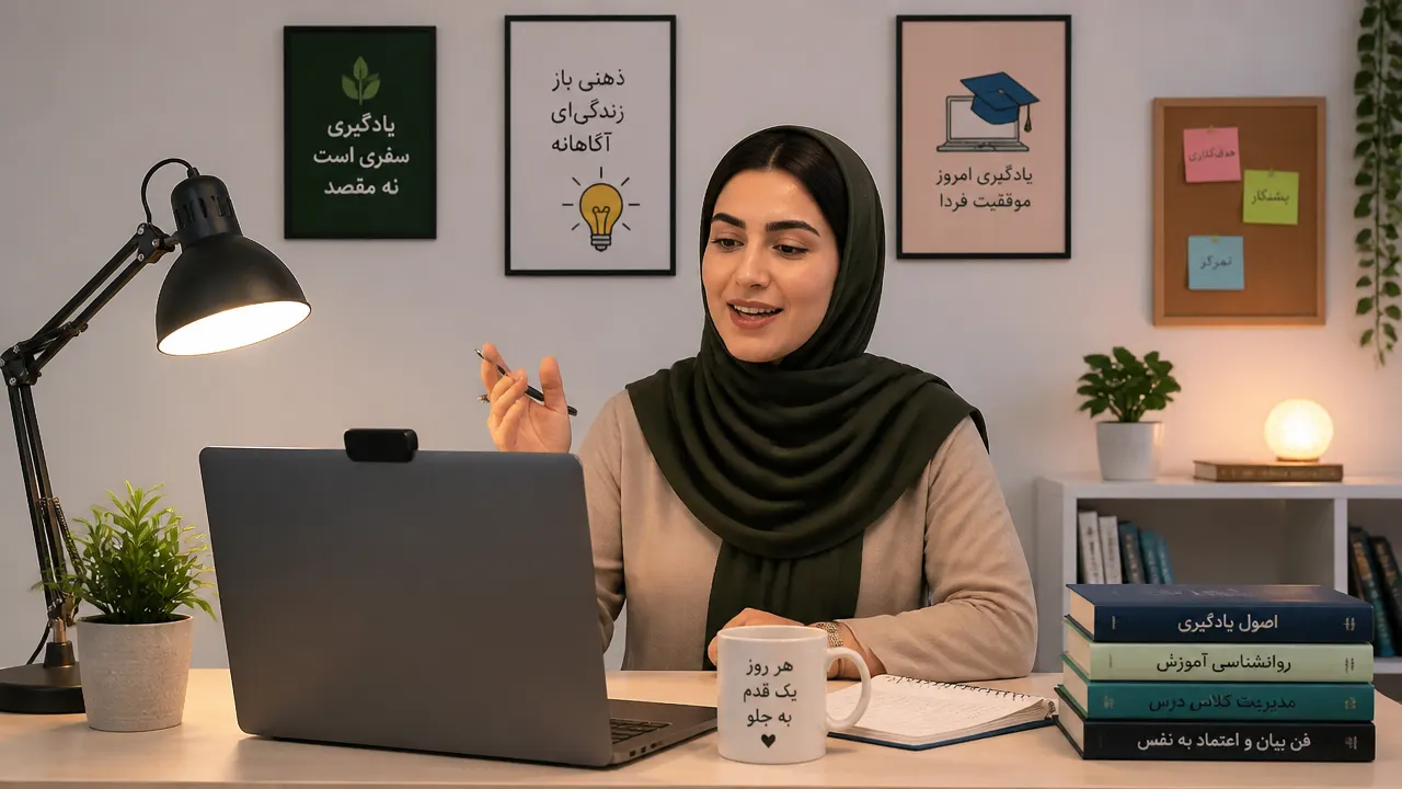 معلم در حال تدریس آنلاین در یک اتاق ساده