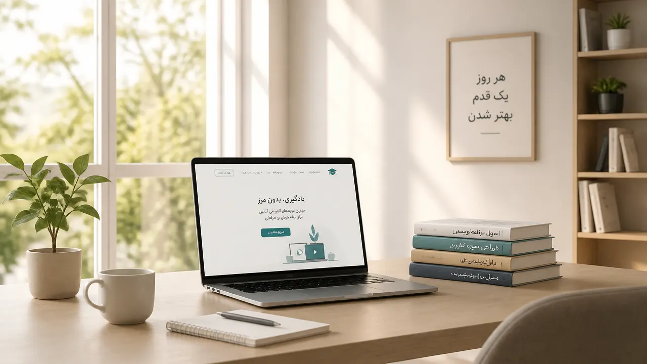 میز کار مدرن با لپ‌تاپ و کتاب‌های آموزشی در یک اتاق روشن