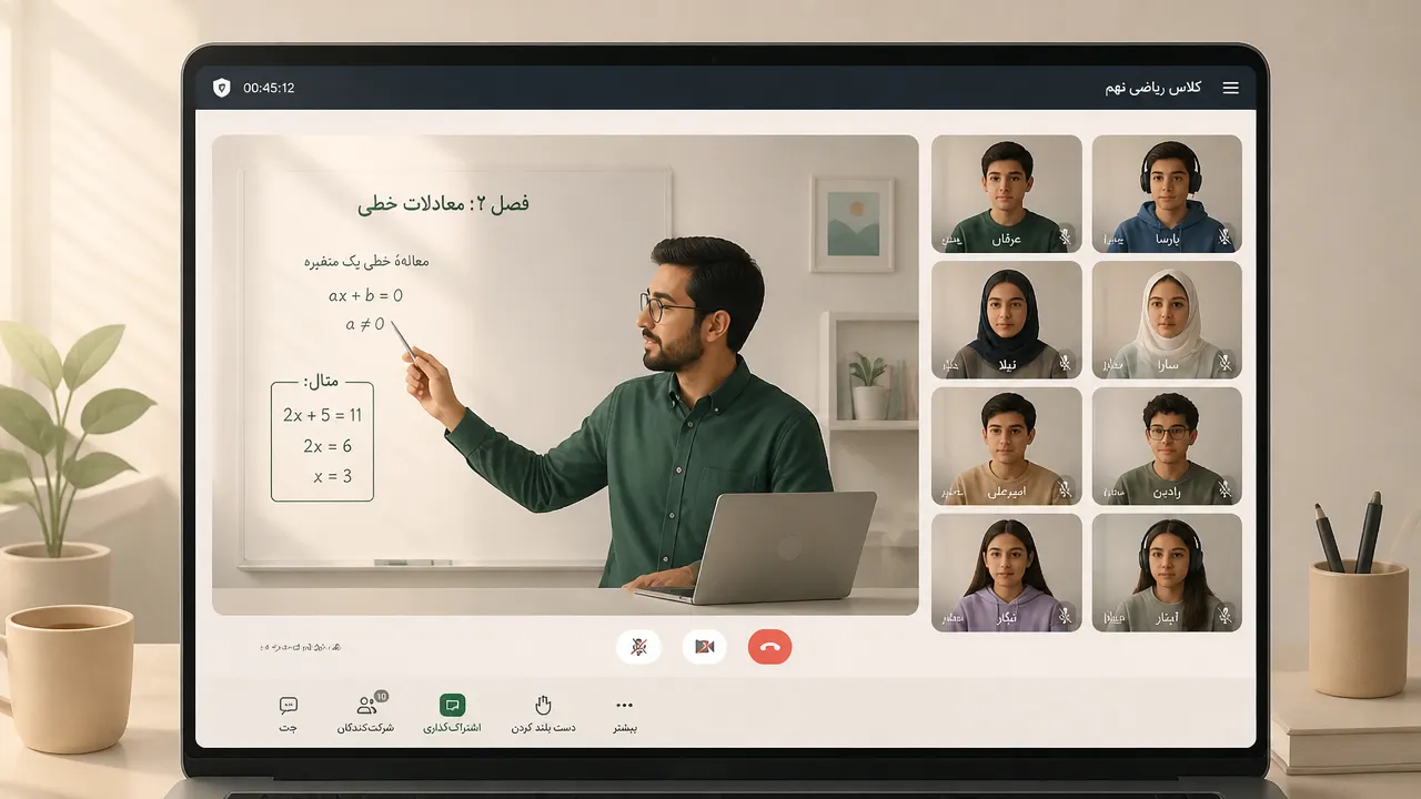 کلاس آنلاین با معلم و دانش‌آموزان در حال تدریس